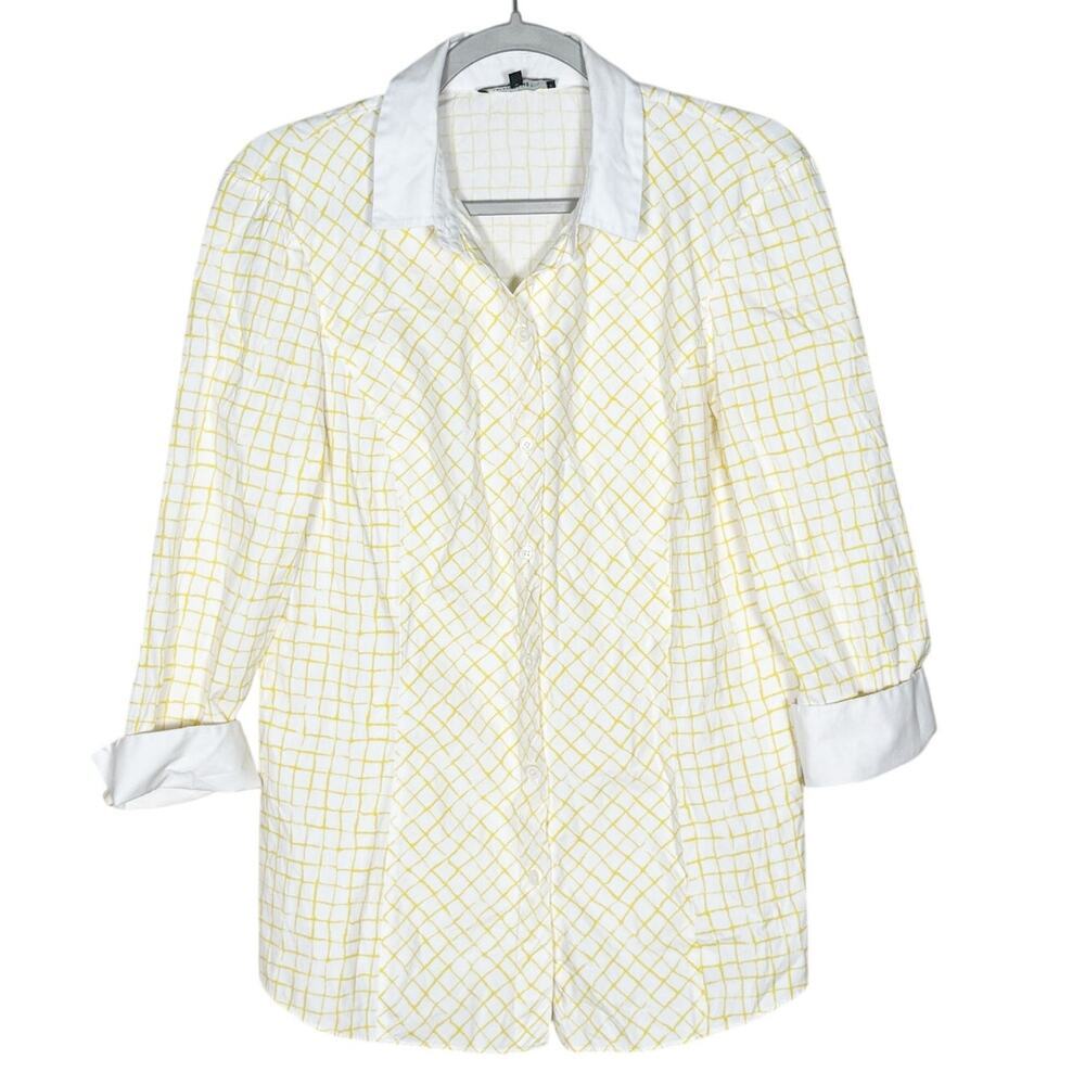 Lafayette 148 New York Long Sleeve Button Down Shirt Check Print Yellow Size 10